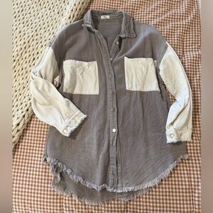 Blushing Brunette Shacket Two-Tone Button-Up Shirt with Fringe Hem